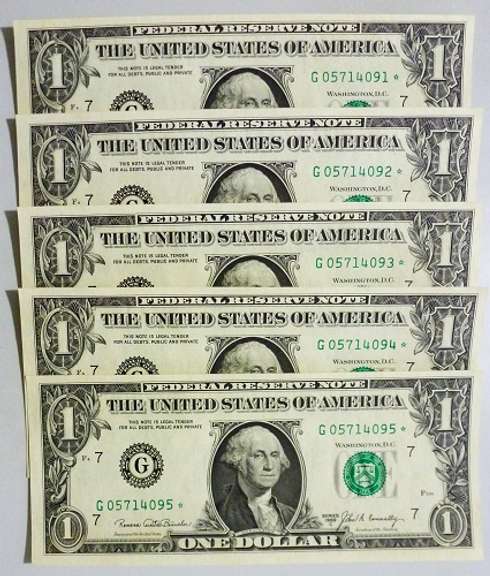 (5) Crisp Exceptional 1969C $1 Star Replacement Notes Chicago-Consecutive!