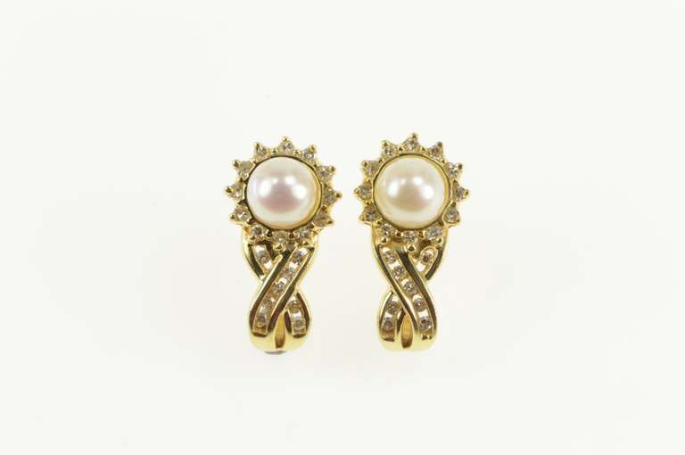 14K Yellow Gold Pearl Diamond Halo Classic Statement Earrings