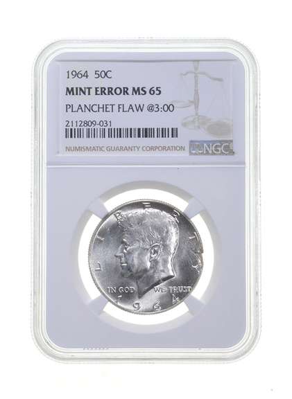 MS65 MINT ERROR 1964 Kennedy Half Dollar - Planchet Flaw @3:00 -NGC