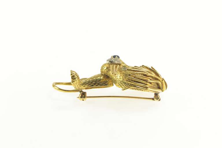 18K Yellow Gold 1960's Emerald Eyed Diamond Stylized Lion Pin/Brooch