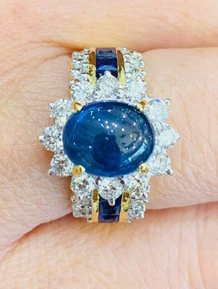 21kt Solid Yellow Gold, Blue Sapphire, & Diamond Ring