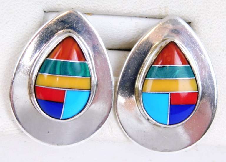 Sterling Signed SR Zuni Gemstone Earrings