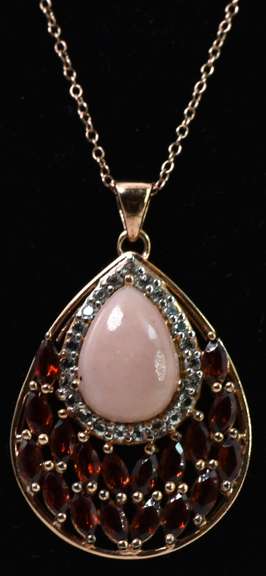 Vermeil Necklace With A Pink Stone, White Crystal Accents And Garnet Accents