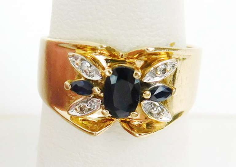 Vintage Wide 10K Blue Sapphires & Diamonds Ring, 8