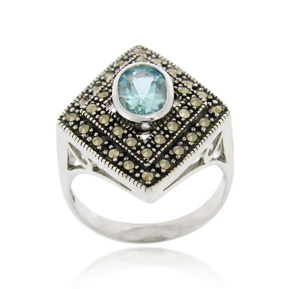 Sterling Silver Blue Topaz & Marcasite Diamond Shape Ring