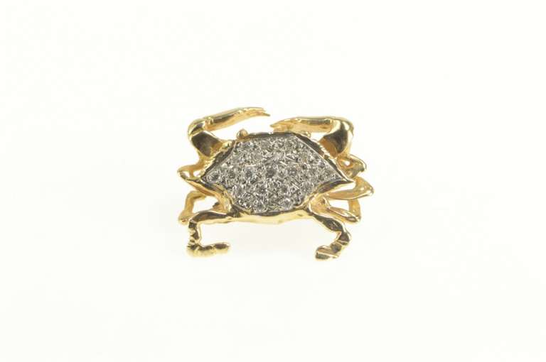 14K Yellow Gold Pave Diamond Crab 3D Crustacean Ornate Pendant