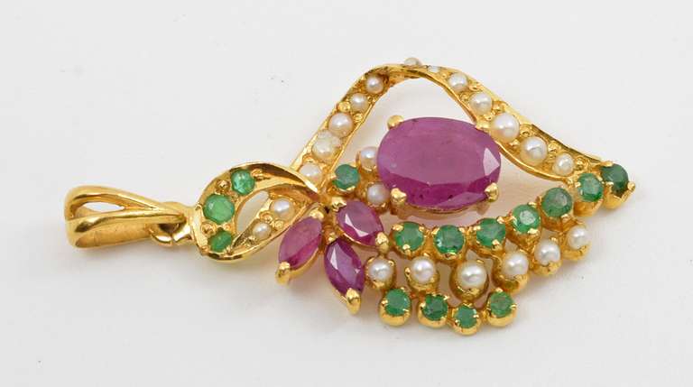 Feminine 22k Ruby, Emerald, 7 Pearl Pendant