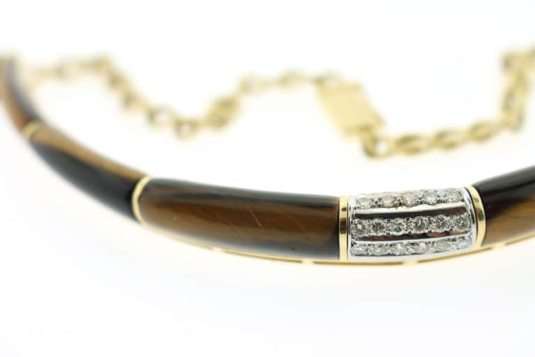 Dark Intimidating Cabochon Natural Tiger's Eye 18k Gold Diamond Mariner Chain Necklace
