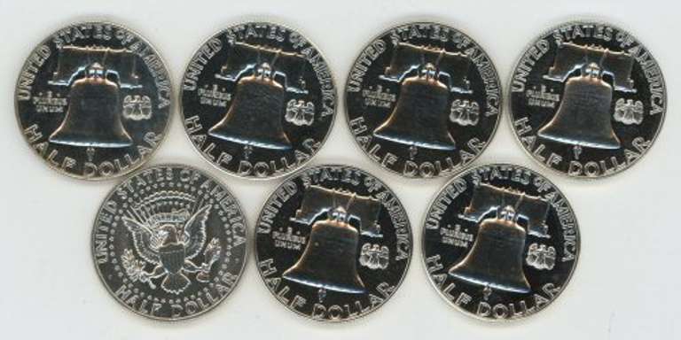 7 Diff. Gem Proof Franklin & Kennedy Half Dollars 1957-64