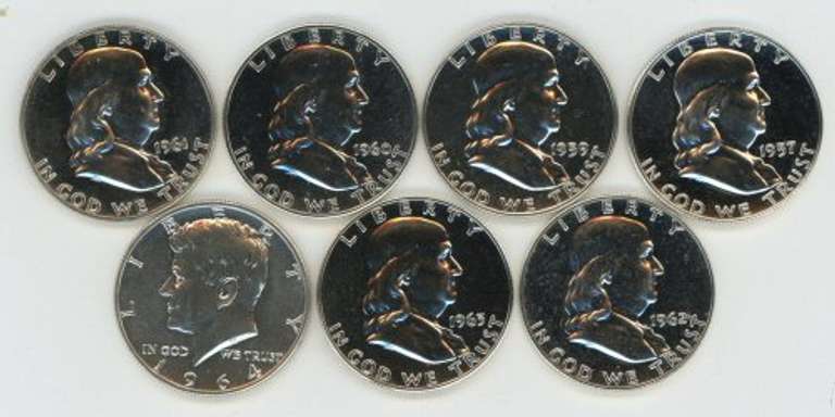 7 Diff. Gem Proof Franklin & Kennedy Half Dollars 1957-64