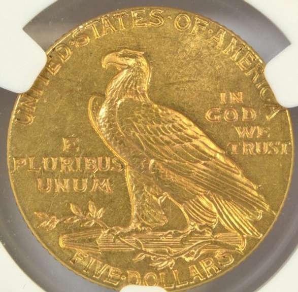 Solid BU 1913 US $5 Indian Gold Piece. NGC MS61