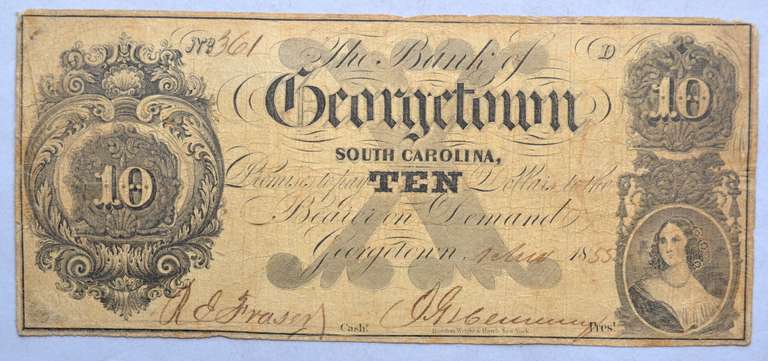5 Known Bank of Georgetown South Carolina 1855 $10 Note