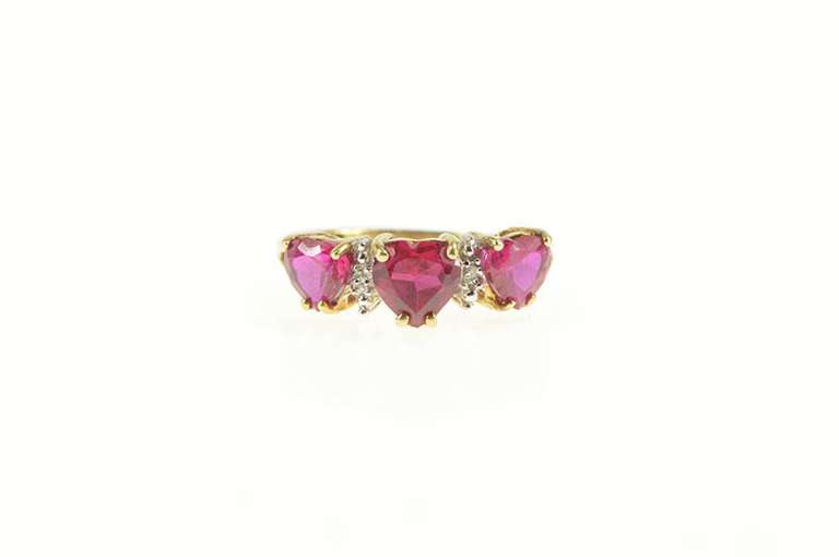 10K Yellow Gold Three Stone Syn. Ruby Diamond Statement Ring