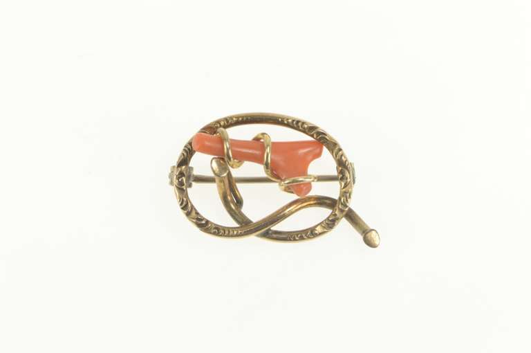 10K Yellow Gold Victorian Elaborate Coral Vine Statement Pin/Brooch