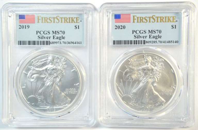Flawless PCGS MS70 FS 2019 & 2020 $1 Silver Eagle coins
