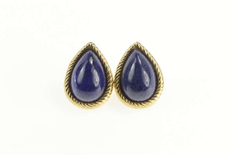 14K Yellow Gold Pear Lapis Lazuli Cabochon Retro Stud Earrings