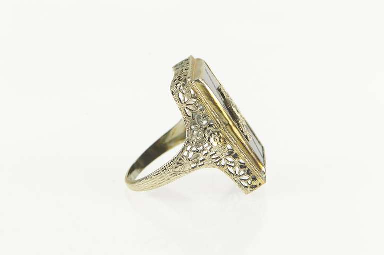 14K White Gold Art Deco Onyx Diamond Pinstripe Statement Ring