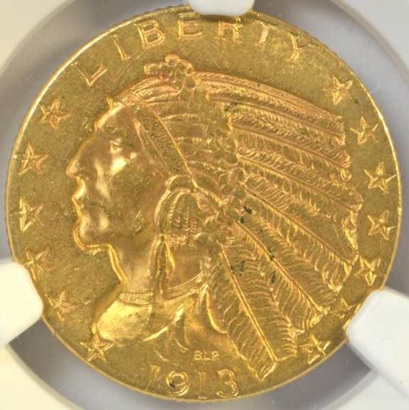Solid BU 1913 US $5 Indian Gold Piece. NGC MS61
