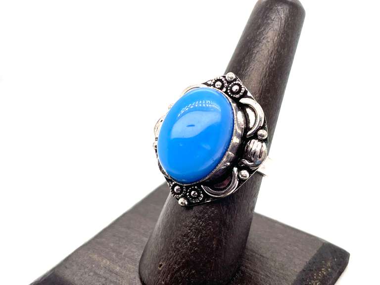 Oval Cut Blue Stone Ring in Tibetan Silver Floral Energy Ring