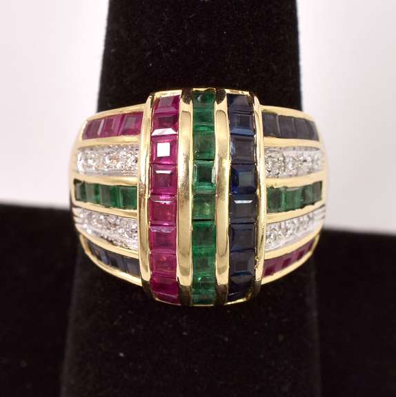 Gorgeous Diamond, Emerald, Ruby, and Sapphire Ring in 14K Yellow Gold