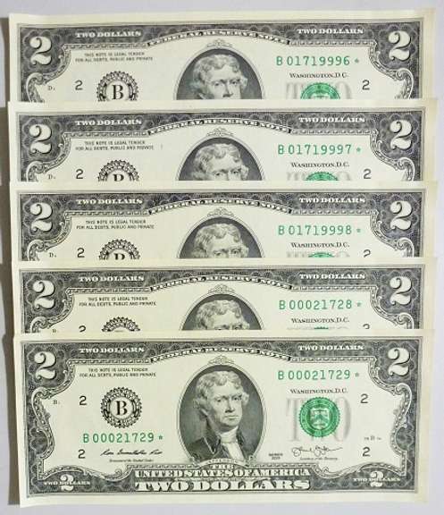 (5) Superb Crisp 2013 $2 Star Replacement Notes New York-2 Consecutive Sets!
