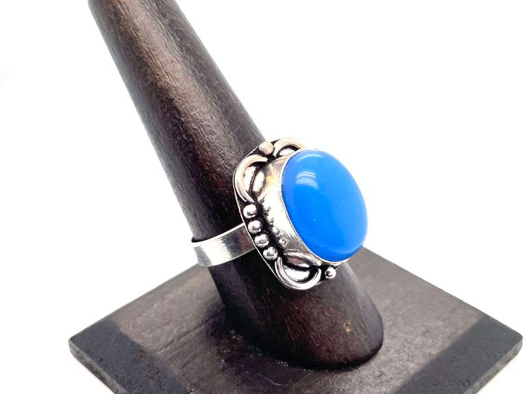 Oval Cut Blue Stone Ring in Tibetan Silver Floral Energy Ring