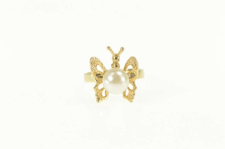 14K Yellow Gold Pearl 3D Butterfly Change Symbol Statement Ring