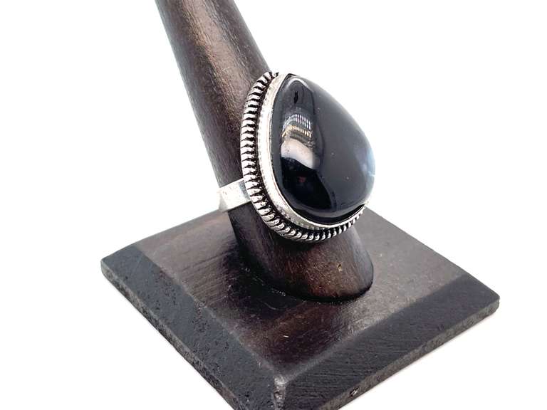 Tear-Drop Black Onyx Tibetan Silver Rope Design Ring