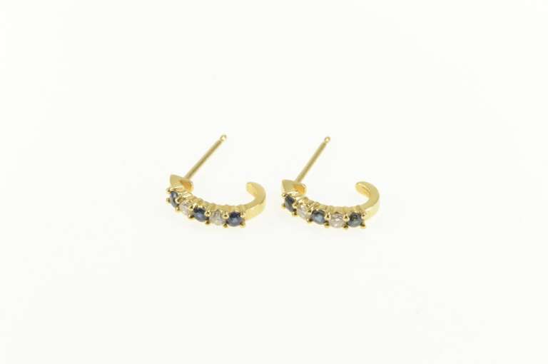 14K Yellow Gold Natural Sapphire Diamond Semi Hoop Earrings