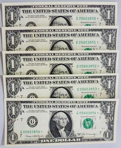 (5) Superb Crisp 1969C $1 Star Replacement Notes Chicago-Consecutive!