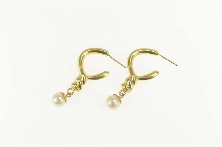 14K Yellow Gold Pearl Dangle Twist Puffy Statement Hoop Earrings