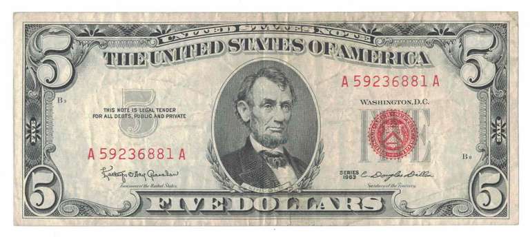 1963 $2 Two Dollar Red Seal Lincoln Bank Note US Bill