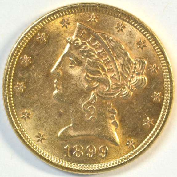 Real flashy BU 1899 US $5 Liberty Gold Piece. Full strike
