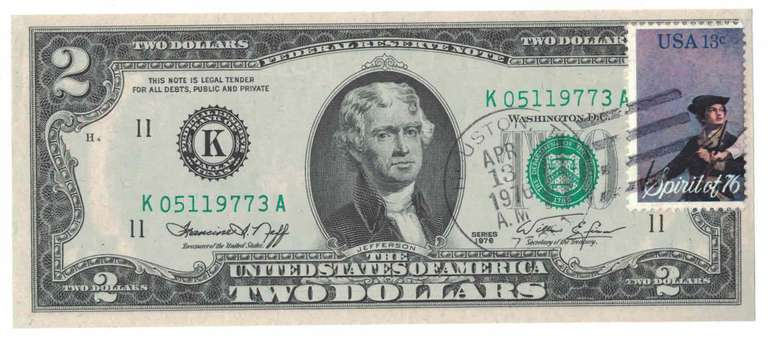 1976 $2 Bill First Issue Day With Cancellation Stamps