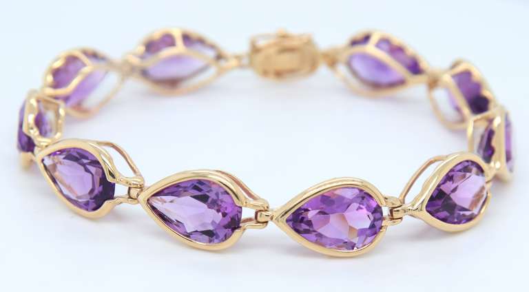 Fabulous Yellow Gold Pear Amethyst Bezel Set Bracelet