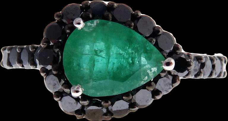 Melancholy Emerald Teardrop 18k White Gold Ring infused with Deep Black Diamonds