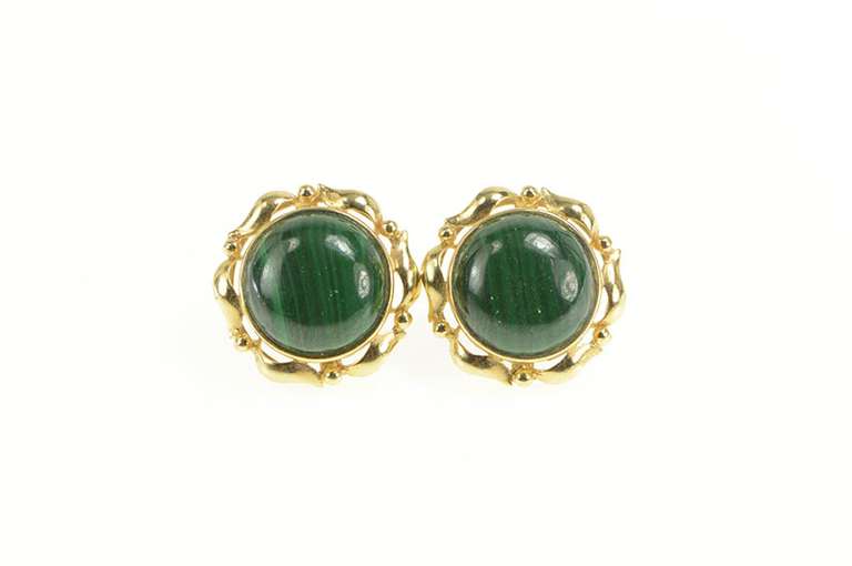 14K Yellow Gold Round Malachite Cabochon Ornate Retro Stud Earrings