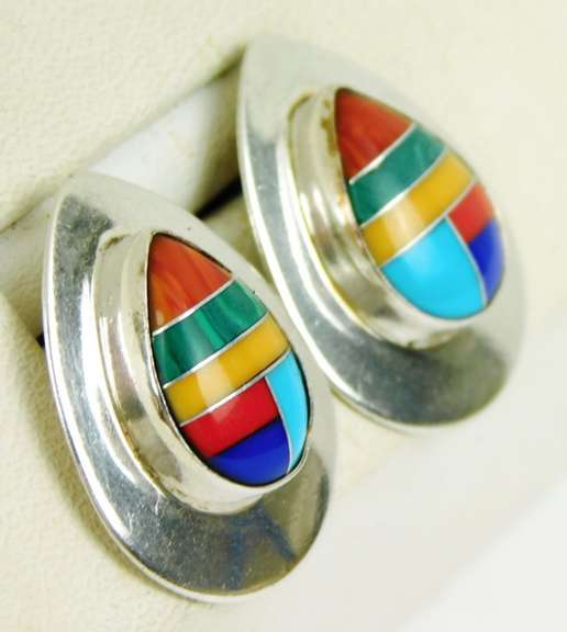 Sterling Signed SR Zuni Gemstone Earrings