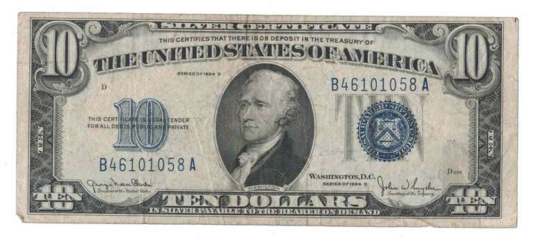 1934-D $10 Ten Dollar Blue Seal Hamilton Bank Note US Bill