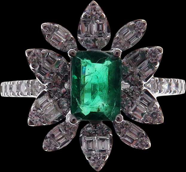 Intense Diamond Petaled Emerald Core 18k White Gold Ring