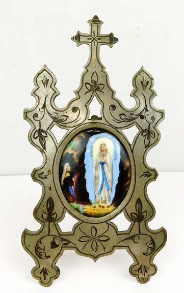 Antique French Framed Handpainted Lourdes Porcelain Plaque
