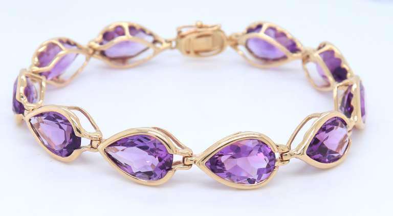 Fabulous Yellow Gold Pear Amethyst Bezel Set Bracelet
