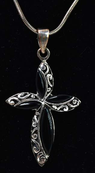 Onyx And Silver Cross Necklace