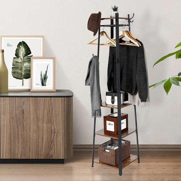 Coat Rack Clothes With 4 Tier Storage Shelves