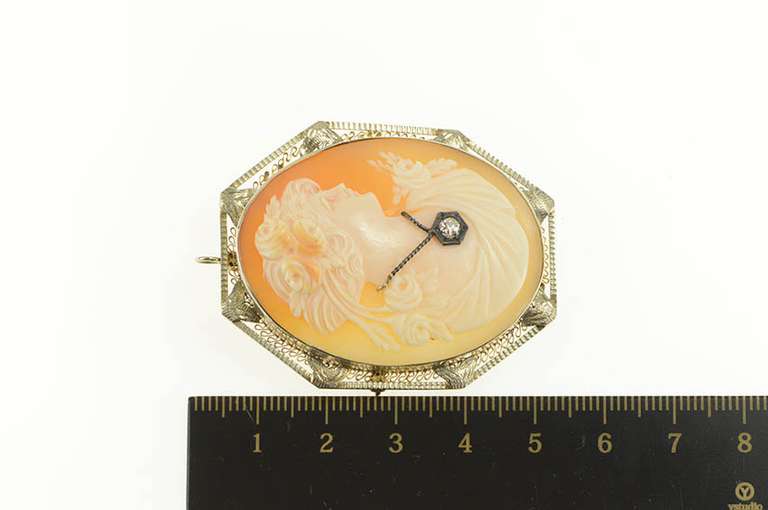 14K White Gold Victorian Diamond Carved Lady Cameo Pendant/Pin