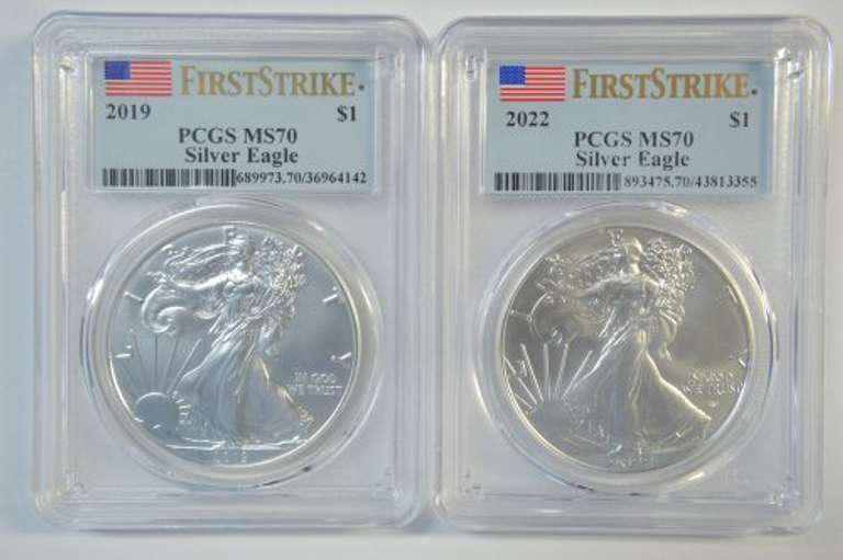 Flawless 2019 & 2022 $1 Silver Eagle First Strike. PCGS MS70