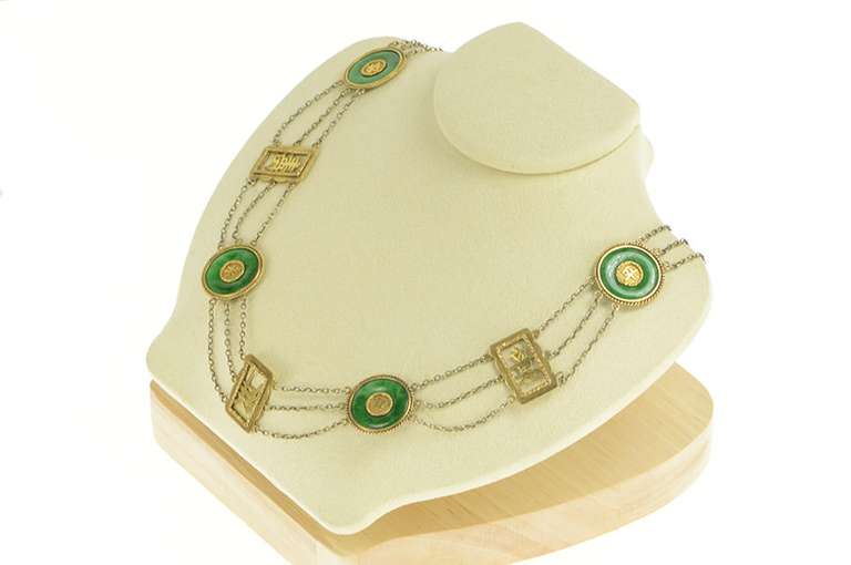 18K Yellow Gold Chinese Jade Layered Chain Fortune Character Necklace
