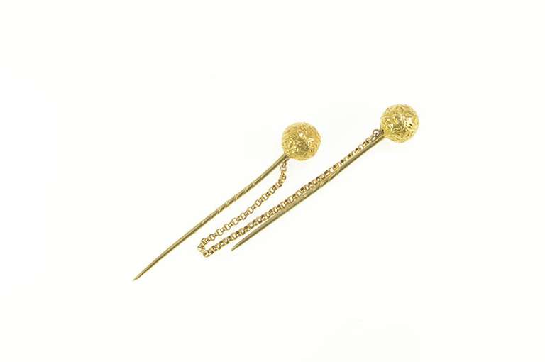 14K Yellow Gold Victorian Floral Vine Pattern Ball Dress Stick Pin
