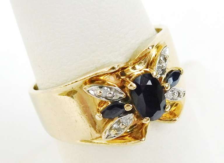 Vintage Wide 10K Blue Sapphires & Diamonds Ring, 8