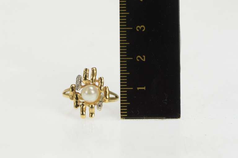 14K Yellow Gold Pearl Diamond Wavy Bar Geometric Cluster Ring